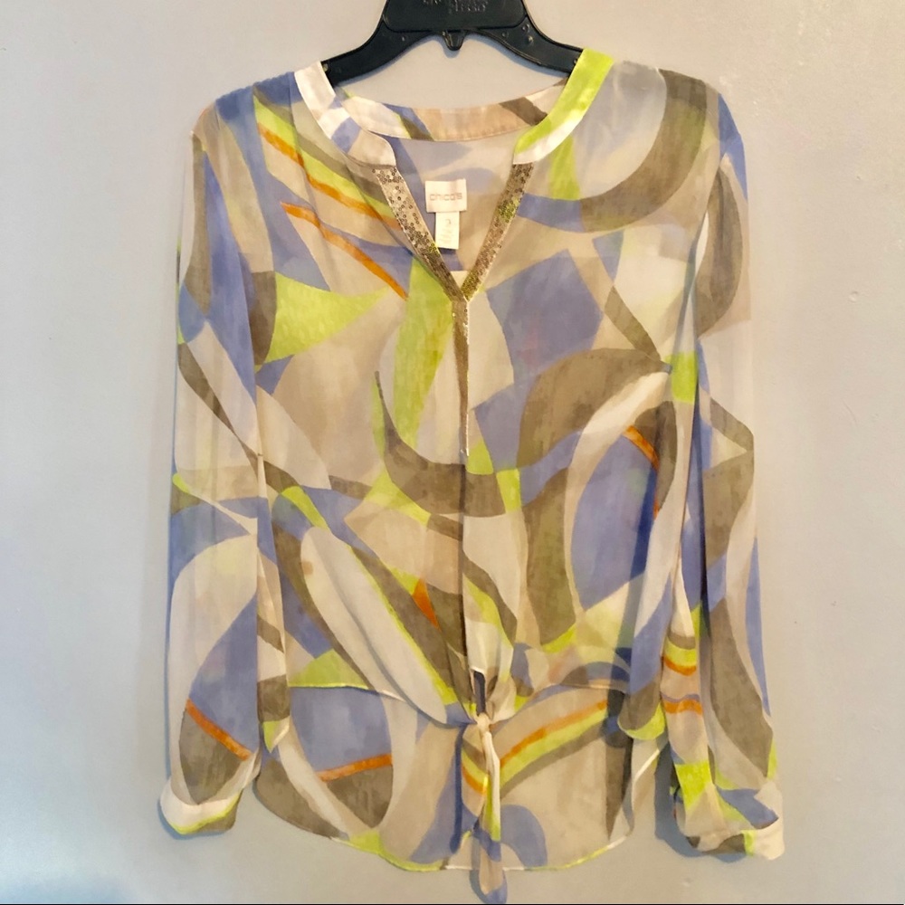 Chico’s Tie Front Flowy Sequin Blouse Size 2 EUC!